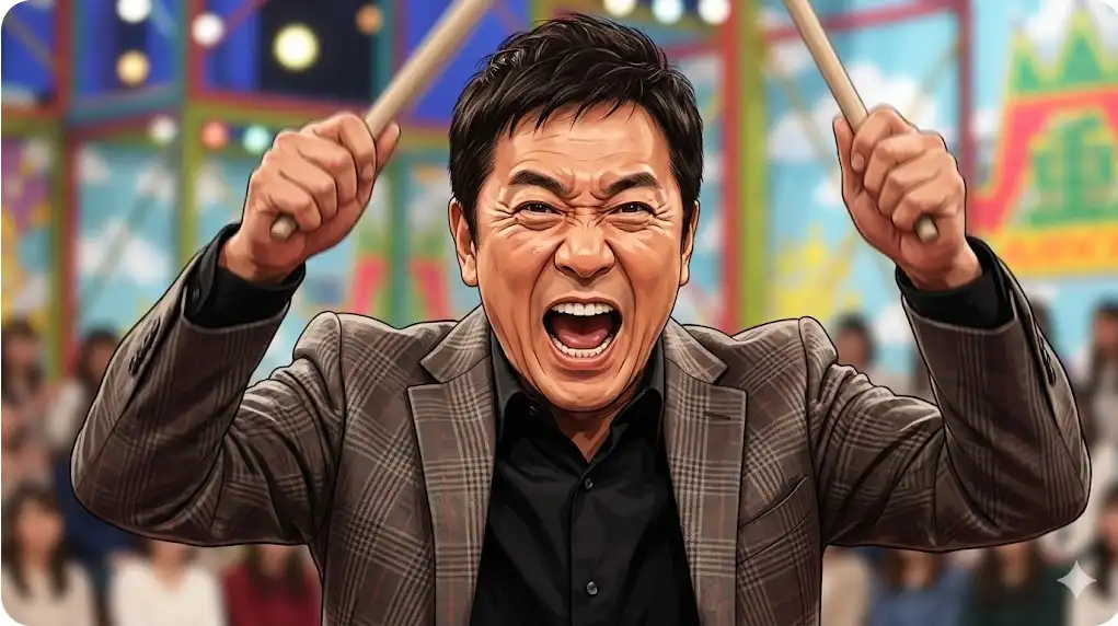 テレビ番組のスタジオで、バチを持って元気いっぱいにモノマネを披露する男性芸人のイメージ。