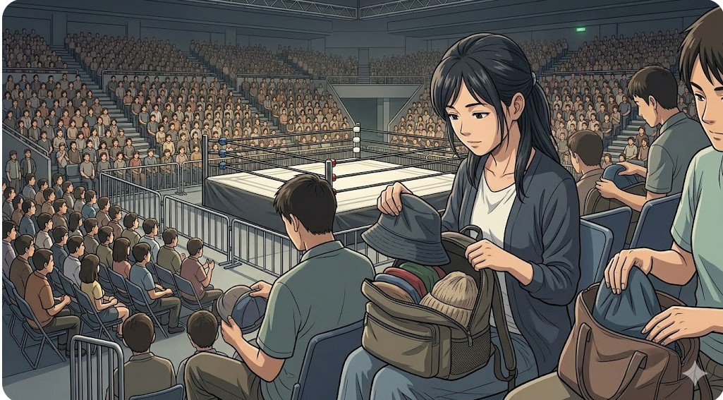プロレス観戦中に脱いだバケットハットを、周囲の邪魔にならないようバッグへ丁寧に収納する女性ファン。