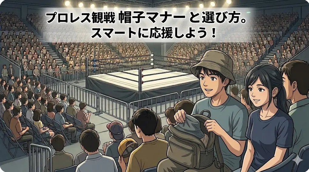プロレス会場で、試合開始前に帽子を脱いでバッグにしまう日本人男性ファンのイラスト。スマートなマナーを表現。16:9比率。