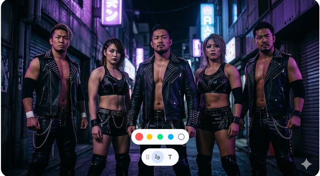 日本の夜の路地裏で、紫や青のネオンに照らされた黒いレザーとスタッズをまとう反逆的なヒールユニット（H.A.T.E.）の集団。