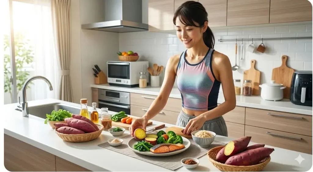 キッチンでさつまいもや野菜を使い、健康的なダイエット食を調理する日本人女性。