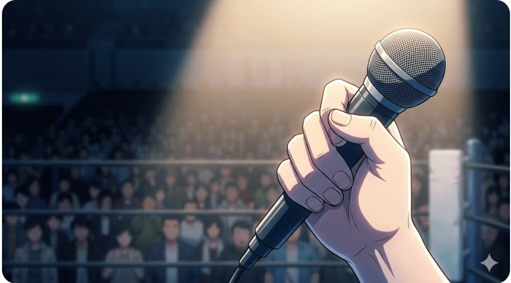 プロレスのリング上でマイクを持つ手のアップと会場の観客のイメージ
