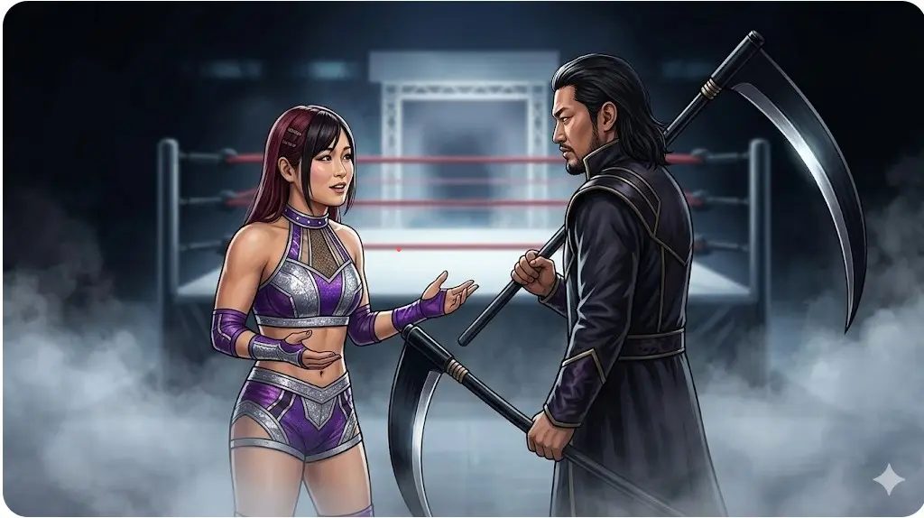 紫のコスチュームの女性プロレスラー(IYO SKY選手を想起)が、巨大な鎌を持つ黒ローブの男性プロレスラー(EVIL選手を想起)と対話するAIイメージ画像。 genericなバックステージ。
