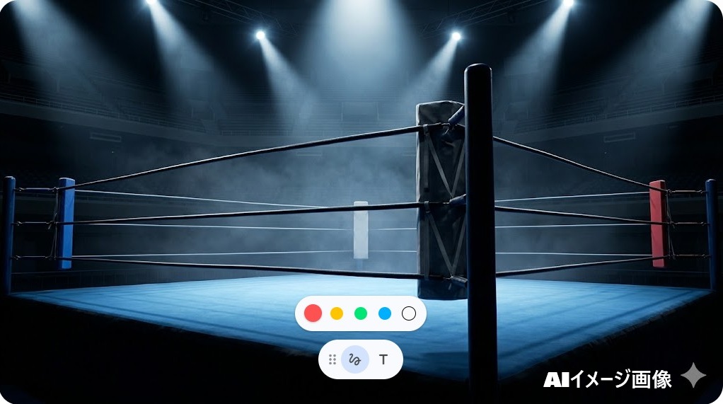日本の大きなアリーナ会場で、スポットライトに照らされた試合開始前の無人の青いプロレスリング。歴史と熱気を感じさせる風景。
