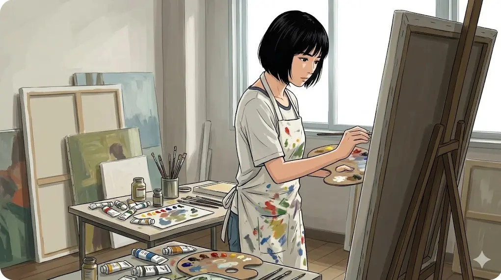 美術高校のアトリエで油絵の具を使いキャンバスに絵を描く玖麗さやか選手をイメージしたイラスト