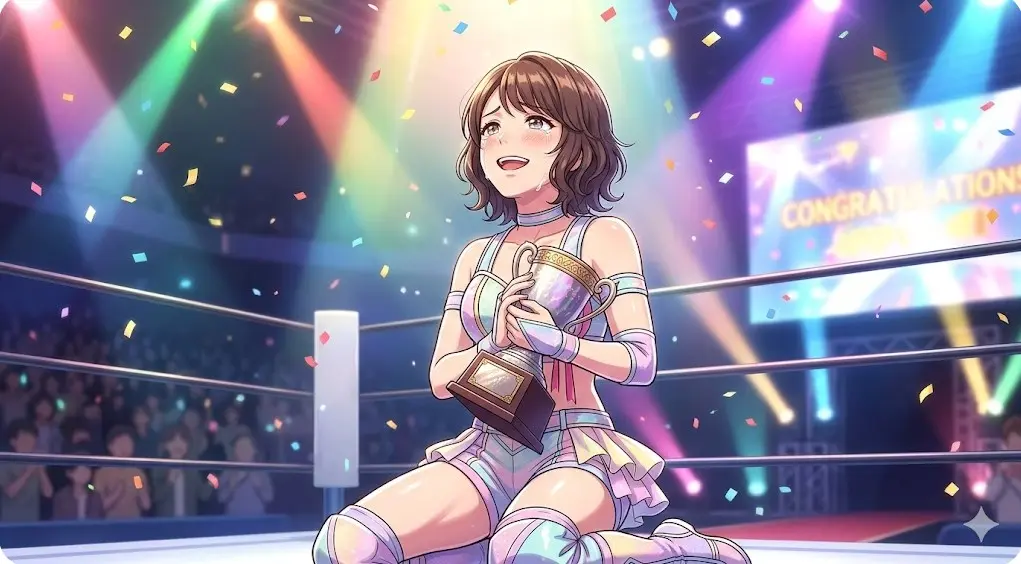 シンデレラ・トーナメントで優勝しトロフィーを抱えて涙を流す玖麗さやか選手をイメージしたイラスト
