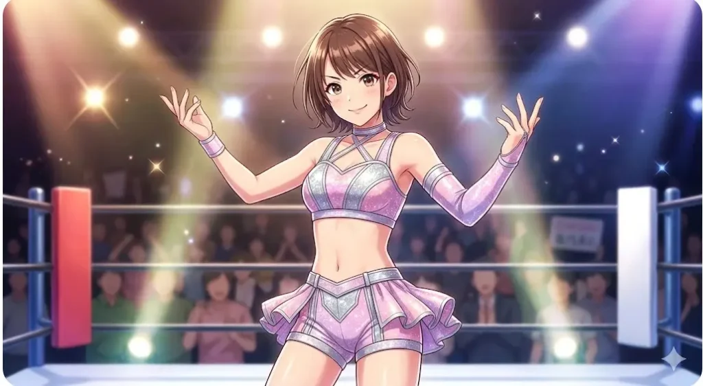 スターダムのリング上で華やかなコスチュームを纏いポーズを決める玖麗さやか選手をイメージしたイラスト