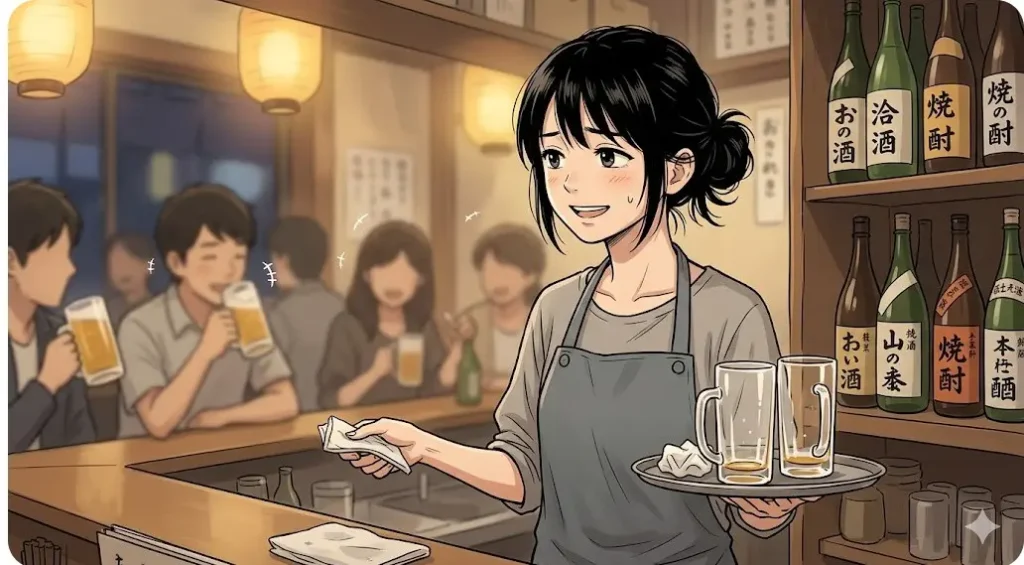 活気ある日本の居酒屋でアルバイトとして働く笑顔の玖麗さやか選手をイメージしたイラスト