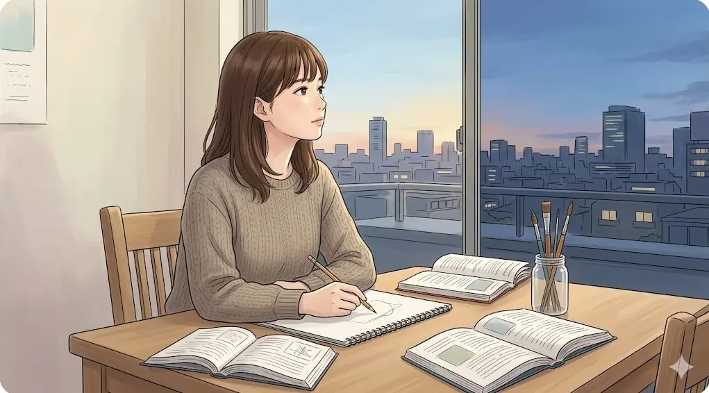 夕暮れの街を背景に机に向かって芸大合格を目指し勉強する浪人時代の玖麗さやか選手をイメージしたイラスト