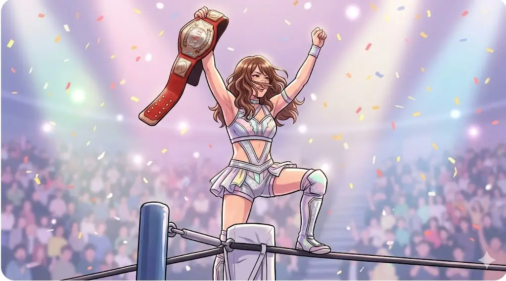 横浜アリーナのリング上で赤いベルト（ワールド・オブ・スターダム王座）を掲げる玖麗さやか選手をイメージしたイラスト