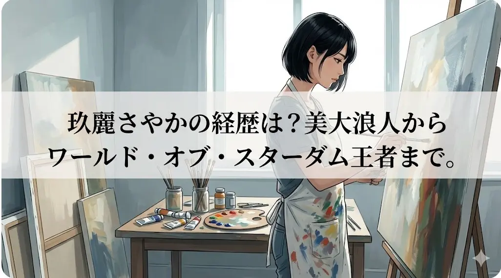 油絵を描くアジア人女性のイラスト。玖麗さやか選手の経歴（美大浪人から王者）を表現するメッセージを配置。