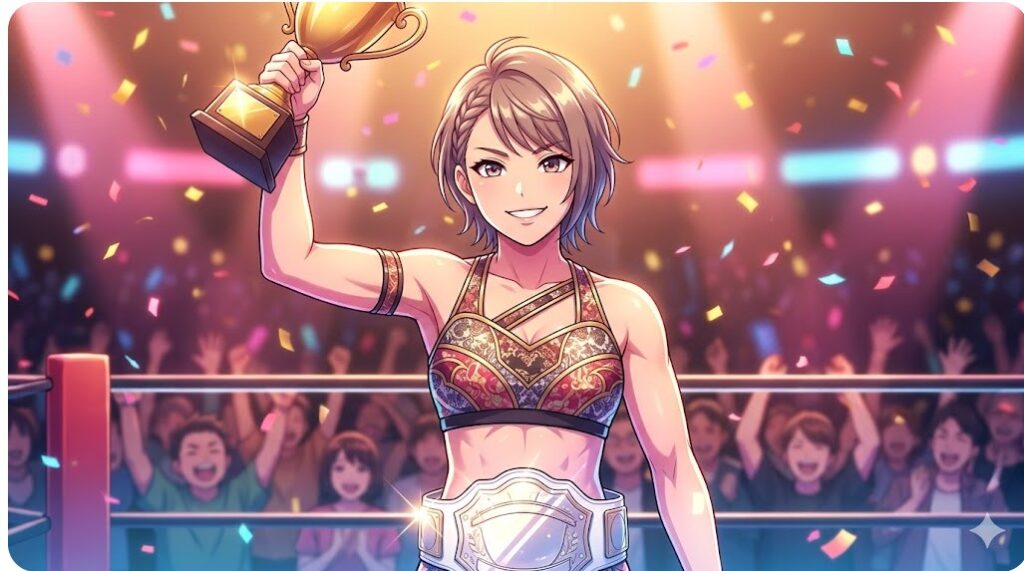 白いベルトを巻きトロフィーを掲げるワンダー・オブ・スターダム王者なつぽい選手のイメージ