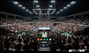 ニュージャパンカップ2026の決勝戦が行われた超満員のプロレス会場と熱狂する観客