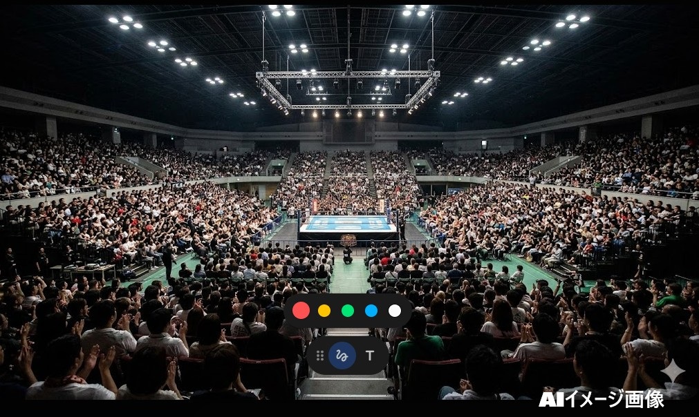 ニュージャパンカップ2026の決勝戦が行われた超満員のプロレス会場と熱狂する観客