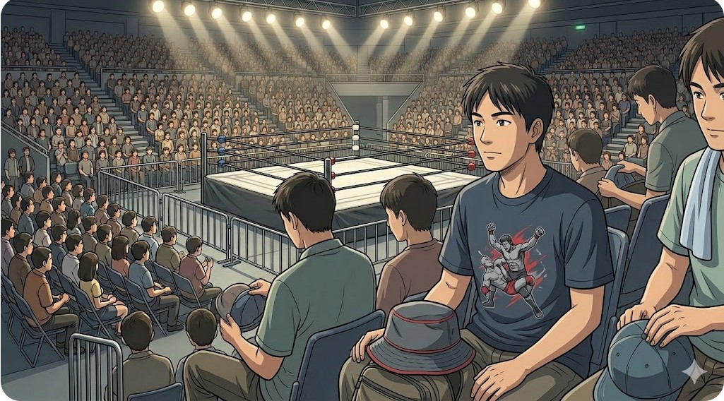 プロレス団体の公式Tシャツを着用し、帽子を膝に置いてマナーを守りながら観戦を楽しむ男性ファン。
