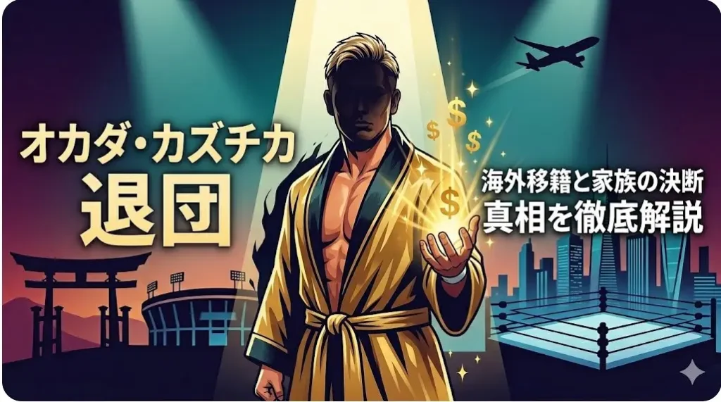 ゴールドの光を放ち、決意の表情で立つオカダ・カズチカ選手のイラスト。新日本プロレスから海外移籍への旅立ちを象徴する。