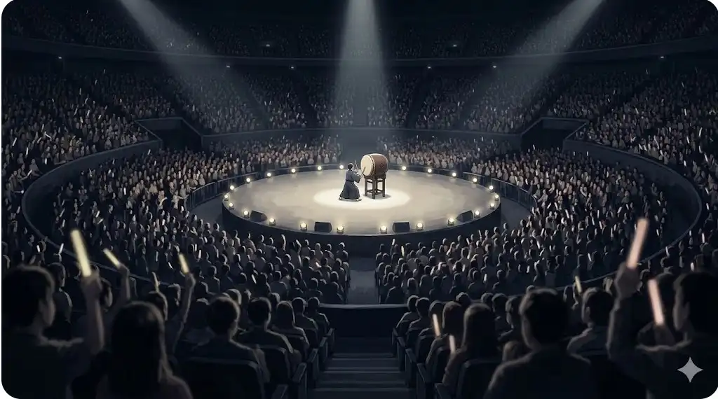 巨大なアリーナの円形ステージ中央で、スポットライトを浴びながら太鼓を叩く様子。