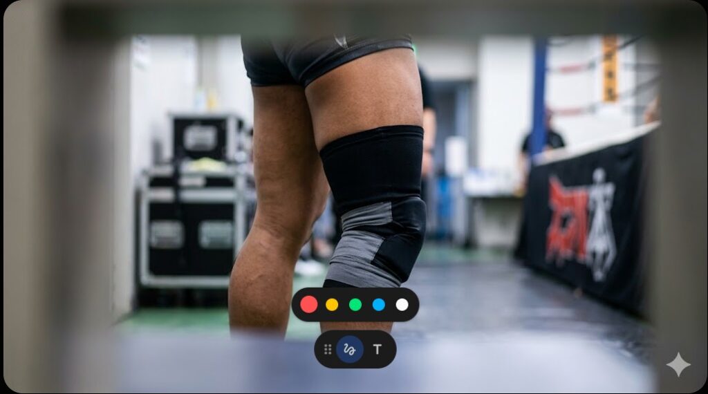 右膝に重厚なサポーターを装着してリングに向かうレスラーの脚部のクローズアップ