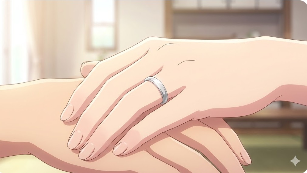 鷹木信悟選手となつぽい選手の結婚を象徴する結婚指輪と重ねられた手のイメージ