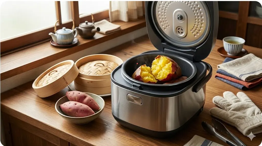 自宅の炊飯器でしっとりと蒸し上がった、鮮やかな黄色のさつまいも。