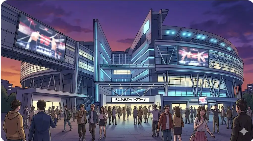 PRIDEの大会が開催された、夕暮れ時のさいたまスーパーアリーナの外観イメージ。