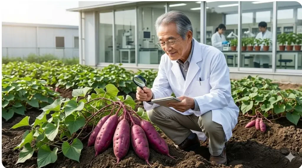 農業研究所の畑で、収穫したばかりの紅はるかを観察し記録を取る日本人農学博士。