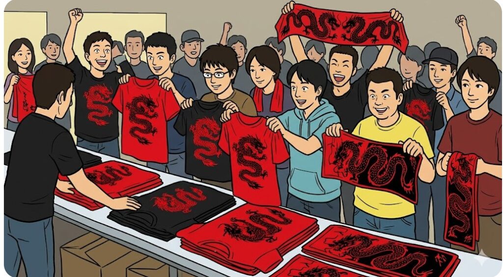 プロレス会場の売店で、龍のロゴがデザインされた赤いTシャツやタオルを笑顔で購入する熱狂的なファンたちのイメージ。