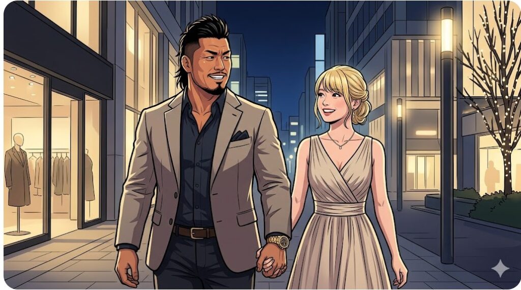 夜の華やかな街並みを背景に、高級感のある私服で仲睦まじく歩くなつぽい選手と鷹木信悟選手のイメージ。