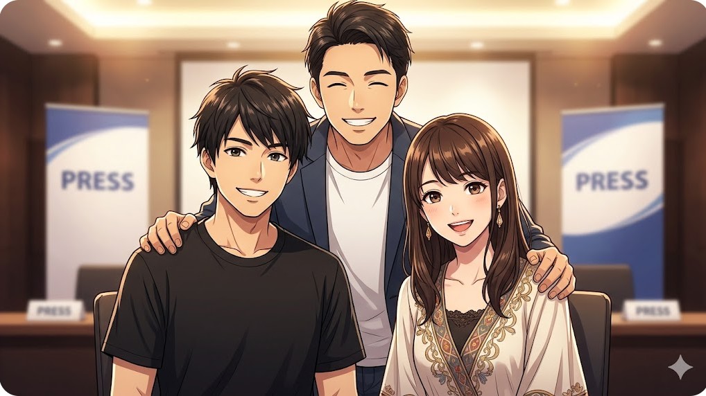 鷹木信悟選手となつぽい選手の結婚を祝福する後藤洋央紀選手のイラスト