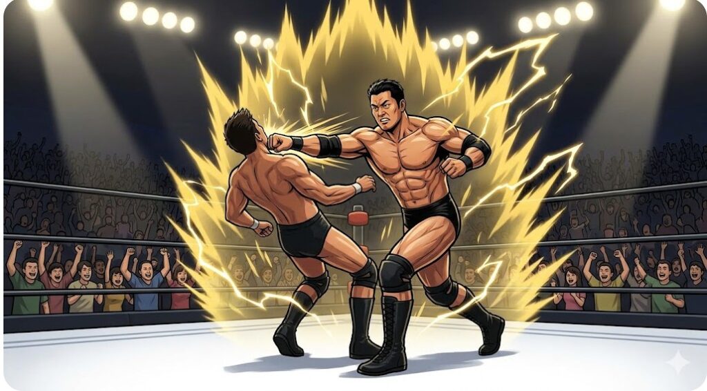 超満員の観衆の前で、強烈なパンピング・ボンバー（ラリアット）を放ち、黄金のオーラを纏って戦う鷹木信悟選手のイメージ。