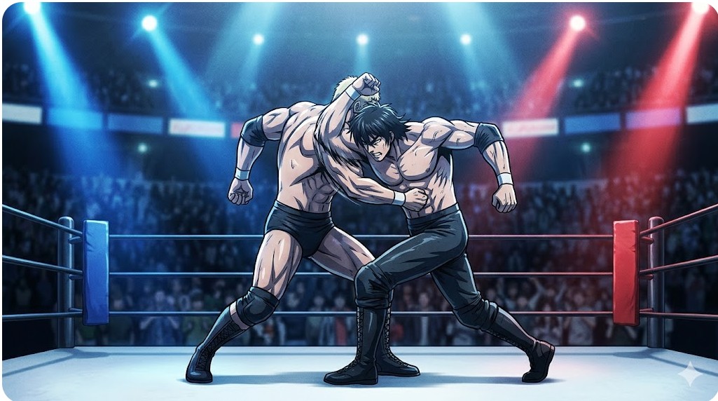 大阪城ホールで激闘を繰り広げる鷹木信悟選手と後藤洋央紀選手のプロレス試合イメージ