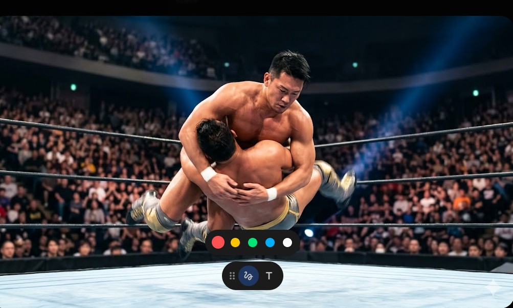 旋回式スクラップバスターで相手をマットに叩きつける強烈なインパクトの瞬間