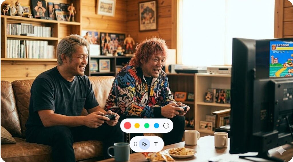 「聖帝タイチのゲーム実況チャンネル」で、タイチ選手と高橋ヒロム選手が仲良くゲームを楽しみ、トークを弾ませる様子。