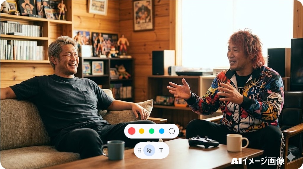 新日本プロレスのタイチ選手と高橋ヒロム選手が、和気あいあいとトークを楽しむ微笑ましい様子。二人の絆の深さが伝わる。