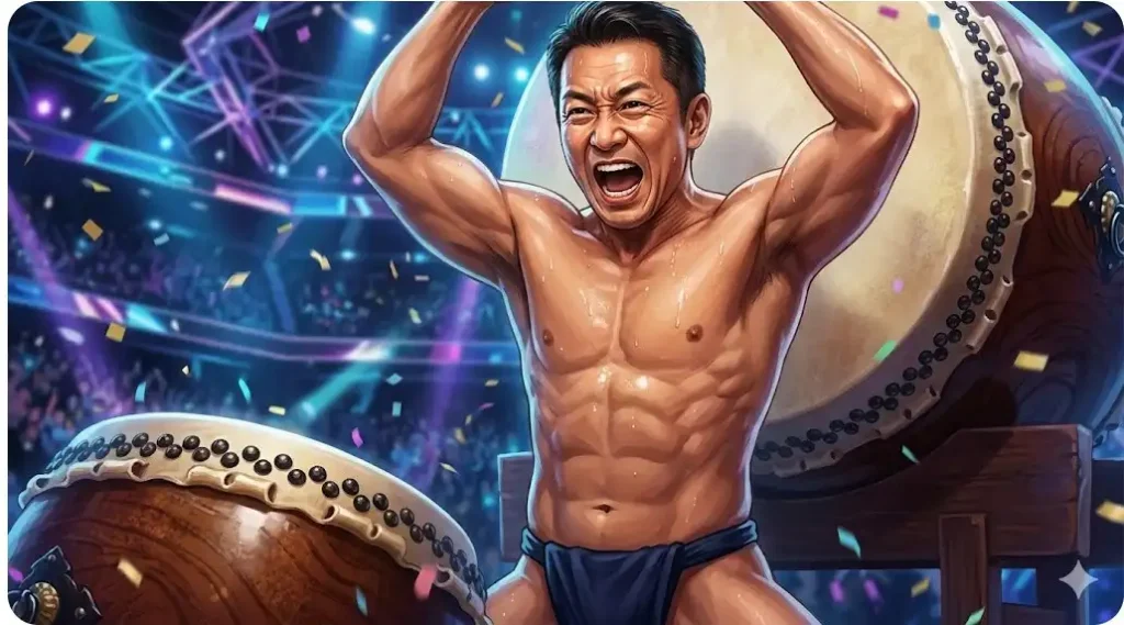 RIZINの舞台で、ふんどし姿で力強く大太鼓を打ち鳴らす高田延彦さんの勇姿。