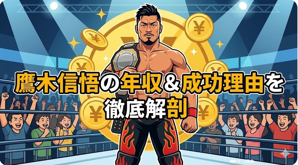 リングで王者ベルトを掲げる鷹木信悟選手のイラスト。金貨と円記号を背景に「年収＆成功理由を徹底解剖！」のメッセージ。プロレス話継のアイキャッチ画