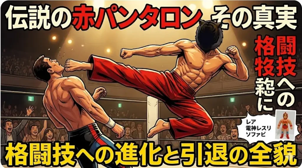 日本のプロレスリングで躍動する赤パンタロン姿の初代タイガーマスク（佐山聡さんをイメージ）。格闘技への進化と引退の真相を表現。