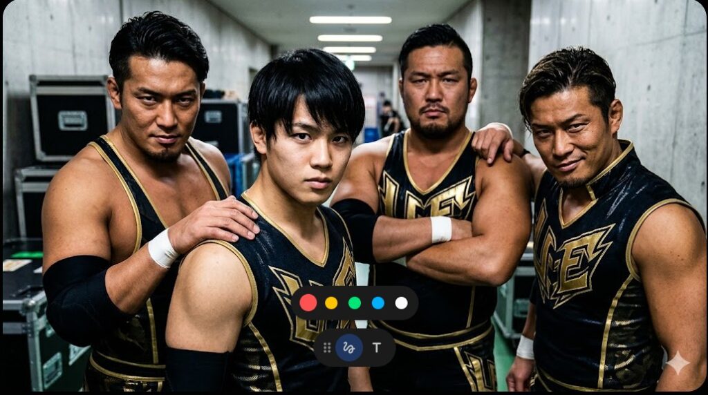 ジェイク・リー選手が合流し新体制となったユナイテッド・エンパイアのレスラーたちの集合イメージ