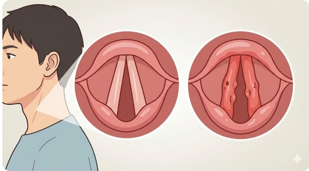 正常な声帯と、衝撃や炎症によって肥厚・変形した声帯の医学的比較イラスト