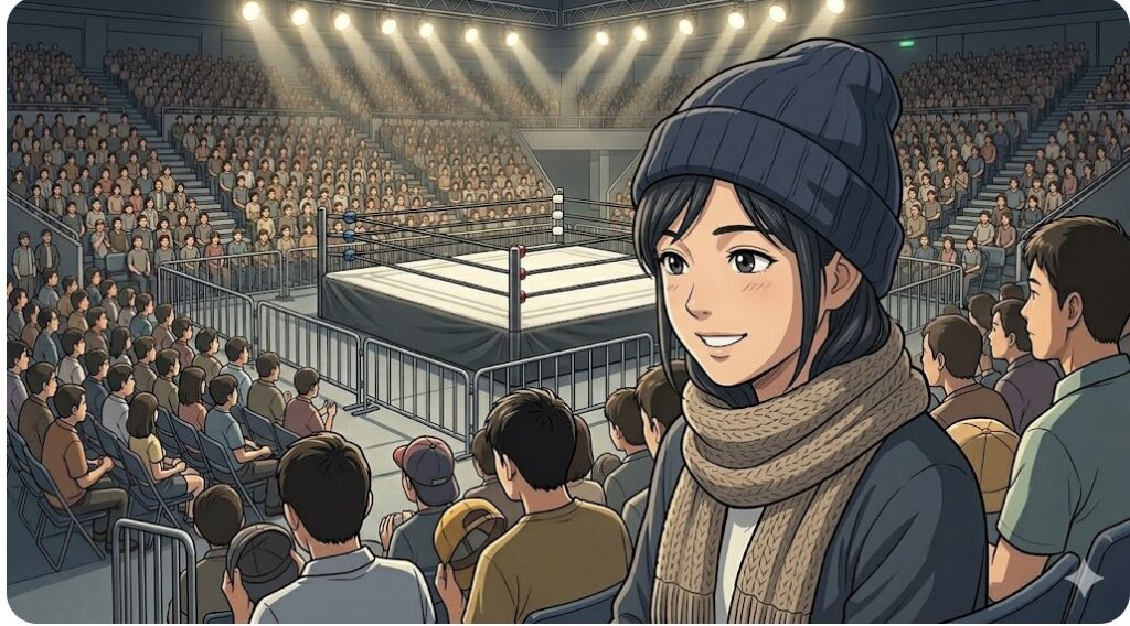 冬のプロレス興行の防寒対策として、ニット帽とマフラーを着用して試合を観戦する日本人女性。