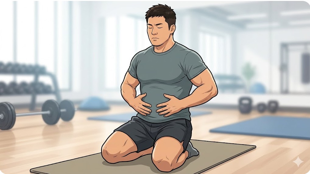 ジムで座り、喉の負担を減らすための腹式呼吸トレーニングに励む男性