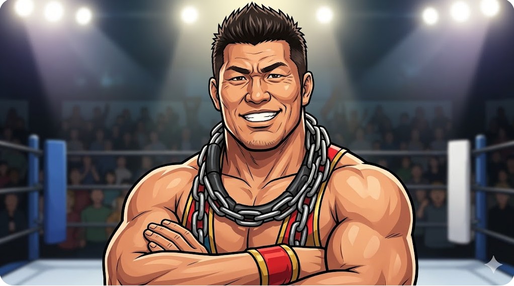 首に太い鎖を巻いた、野性的で力強い日本人プロレスラーのポートレート