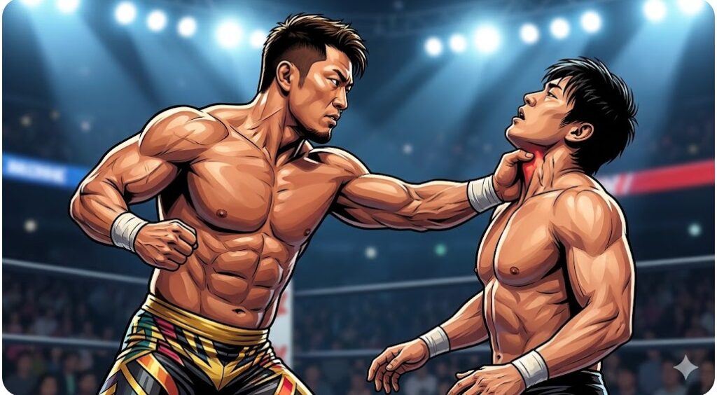 対戦相手の喉元へ的確かつ激しい打撃を繰り出すプロレスの攻防シーン