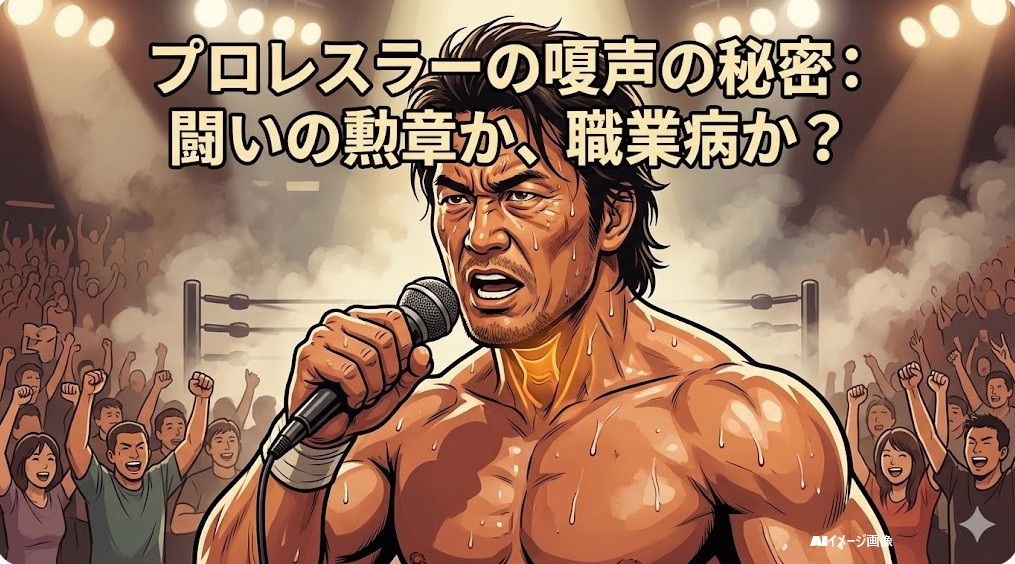 試合後のリングでマイクを持つ日本人プロレスラーのイラスト。喉がガラガラになる謎と勲章をテーマにしたアイキャッチ画像。アスペクト比16:9。