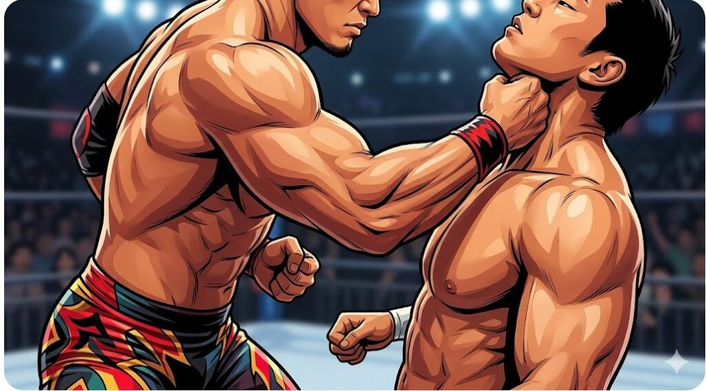 プロレスの試合で喉元に激しい衝撃を受けるレスラーのクローズアップ