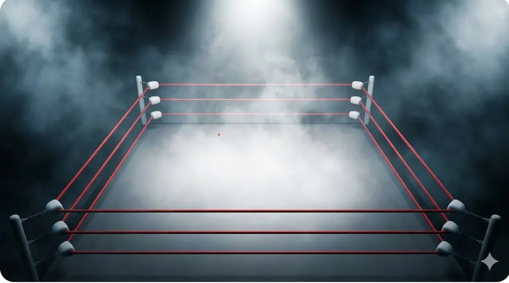 スモークが立ち込め、スポットライトに照らされた無人のgenericなプロレスリングのAIイメージ画像。WWE NXTの舞台を想起させる。