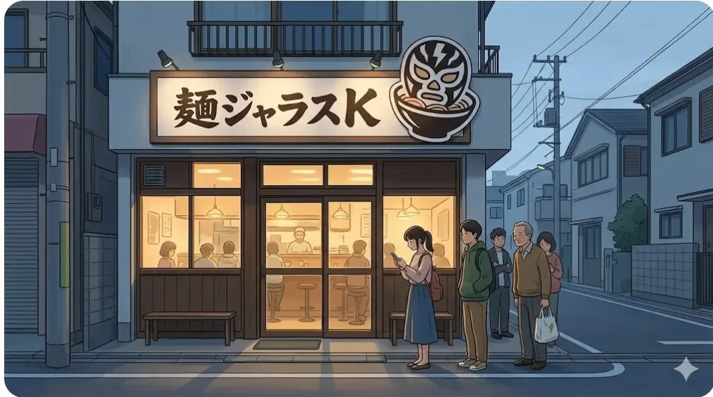 夜の世田谷通り沿いにある麺ジャラスKの店舗外観と順番を待つお客さんの列