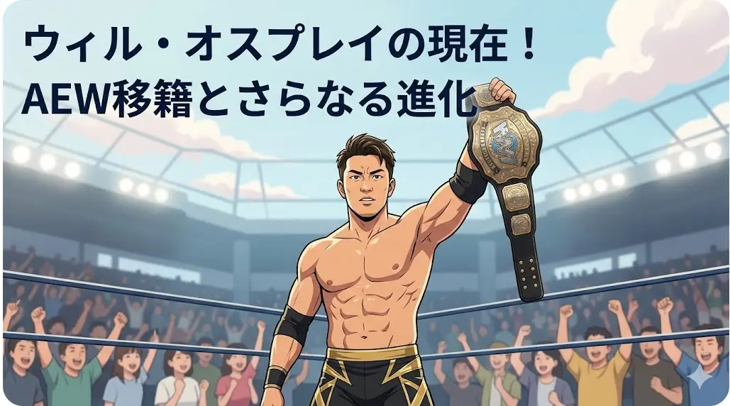 チャンピオンベルトを掲げる日本人男性プロレスラーのイラスト。ウィル・オスプレイのAEW移籍と進化を表現。