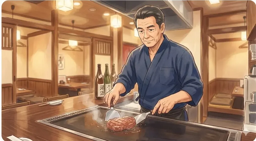 店内の厨房でステーキを焼くオーナーの田上明さんのイラスト