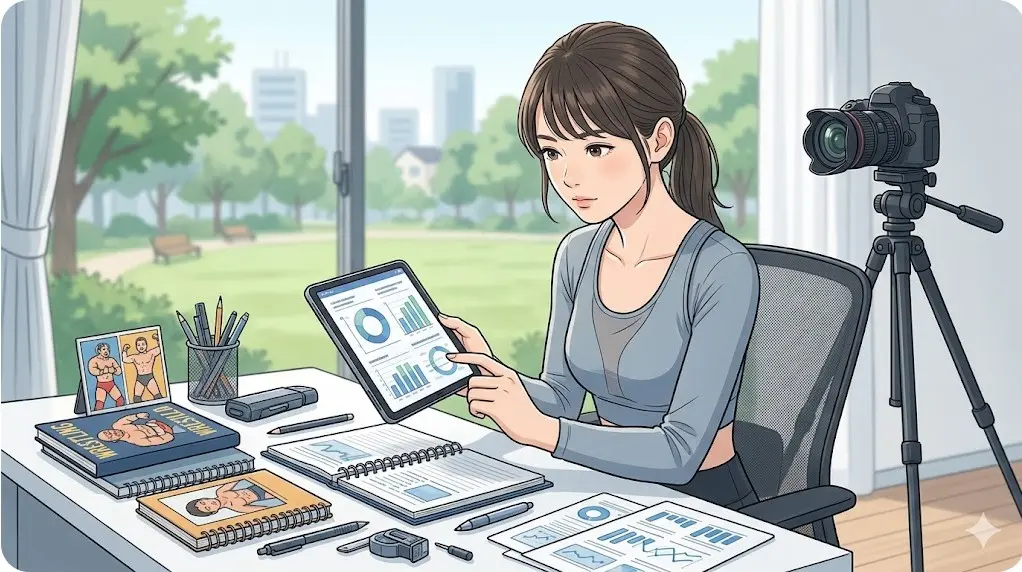 デスクでタブレットとカメラを前にデータ分析をする女性。オスプレイの妻、アレックス・ウィンザーの分析力をイメージ。